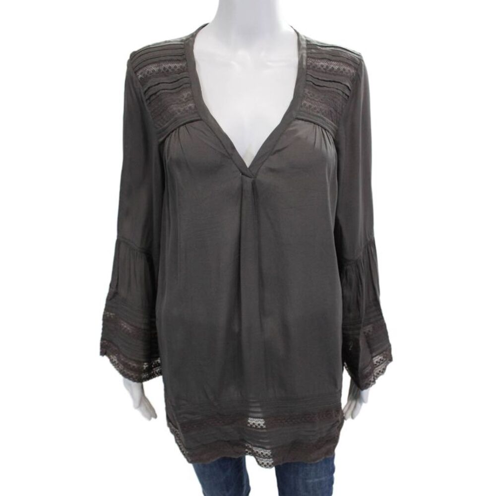 Calypso Women Tunic Blouse V-Neck Long Sleeve Dark Gray Viscose Size S